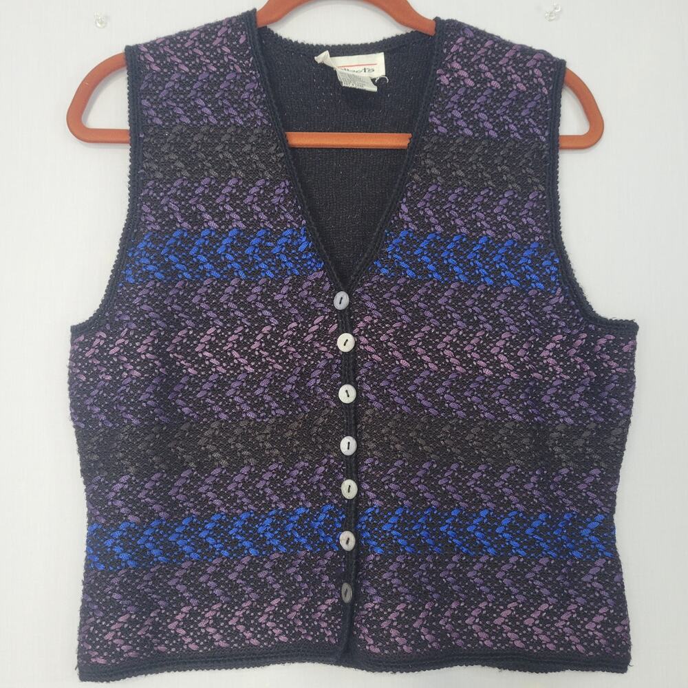 Vintage 90s Talbots V-neck Chevron Pattern Button-Down Vest size 8 Black Purple